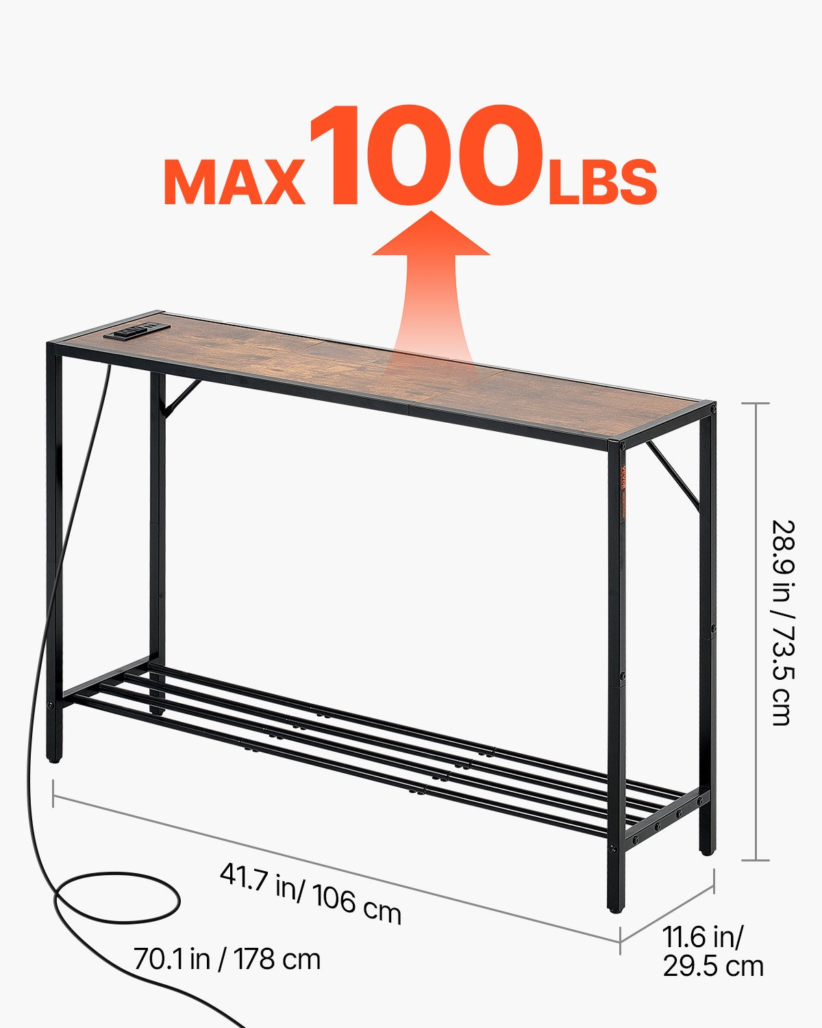 Siaura konsolinė sofa-stalas VEVOR YJXXGZ-007, 106 cm ilgio su elektros lizdais