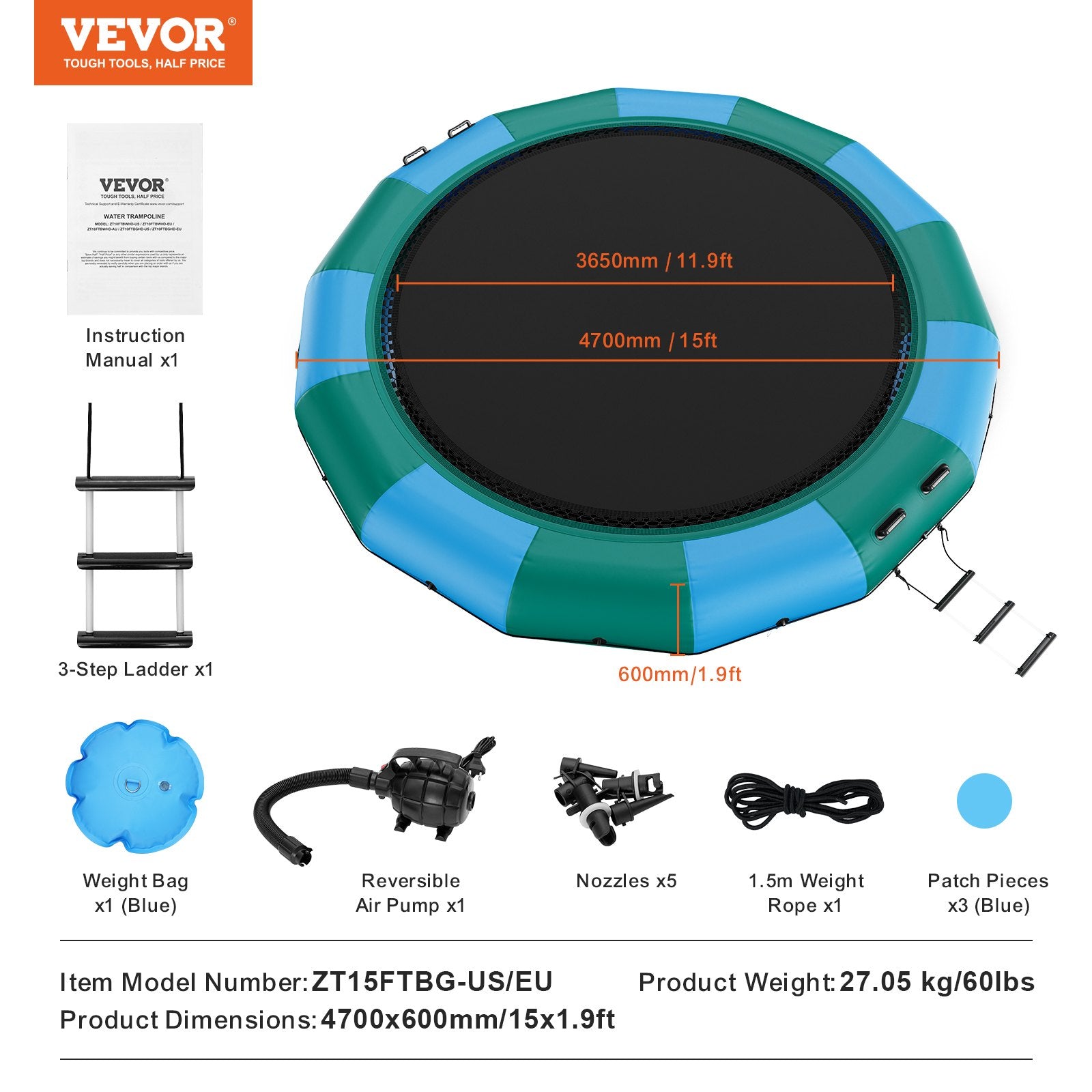 Pripučiamas vandens batutas VEVOR ZT15FTBG, 4,7 m skersmens