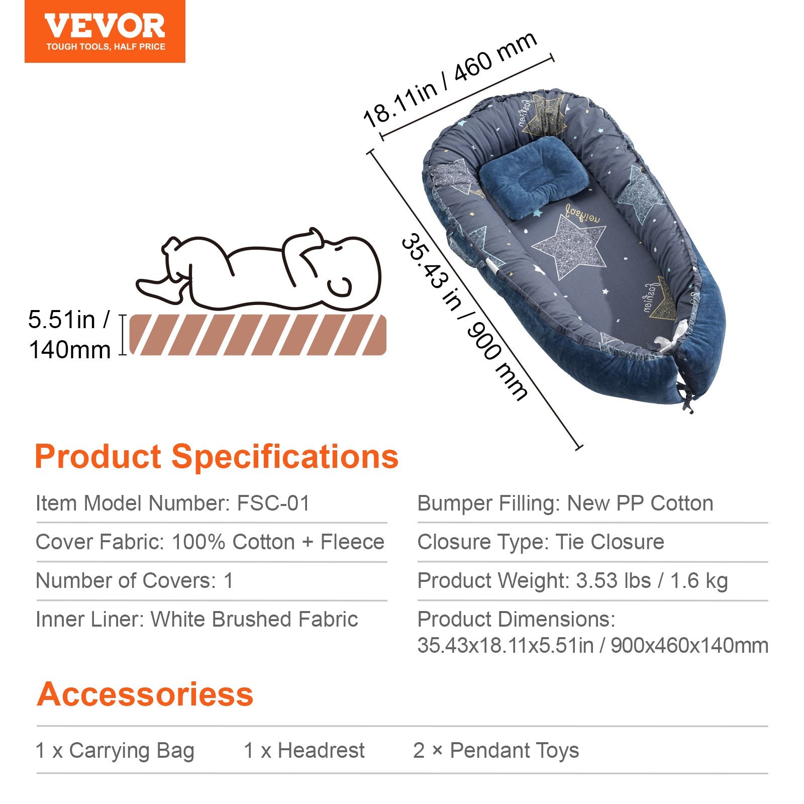 Kūdikio lizdelis VEVOR FSC-01, 100 % medvilnė