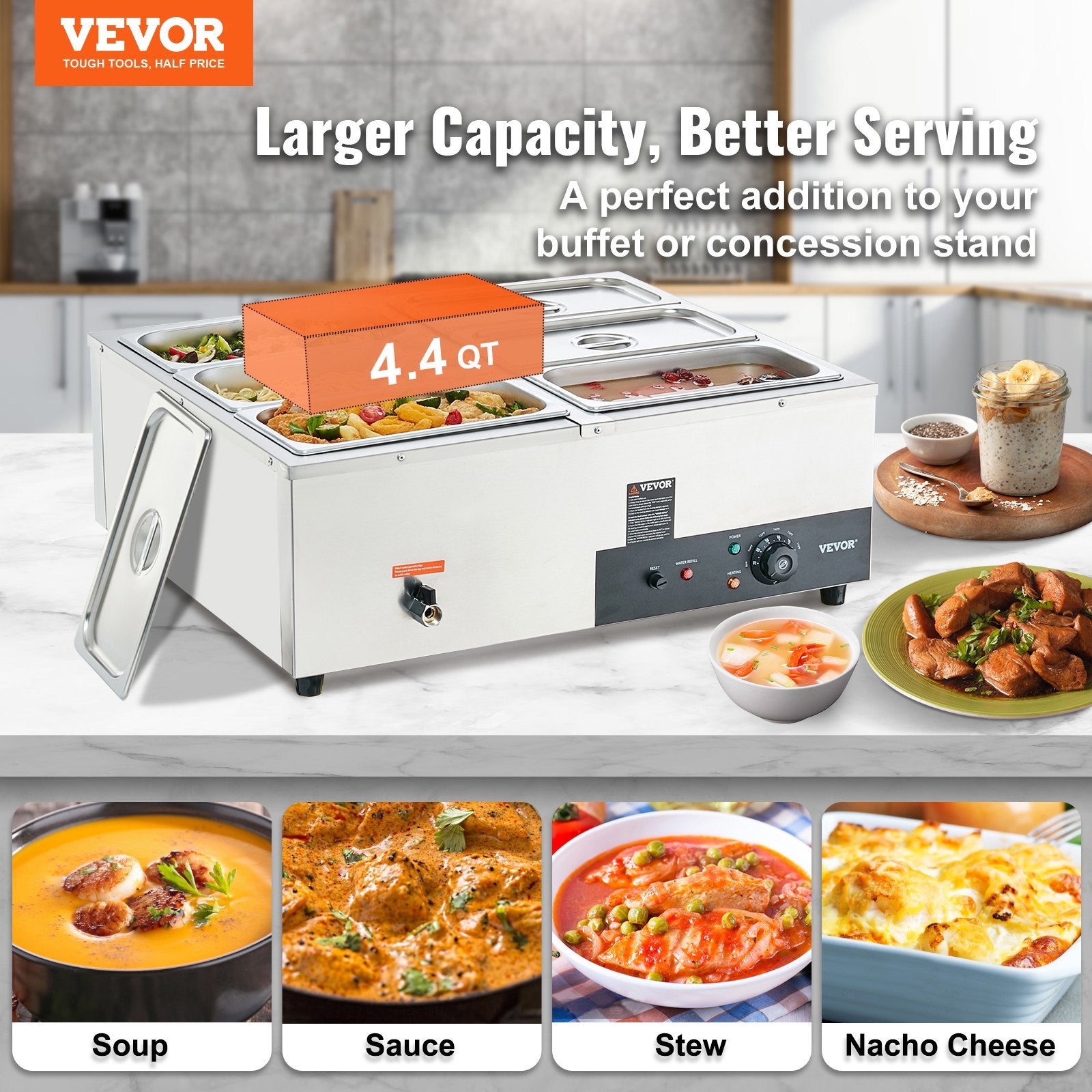 Elektrinis maisto šildytuvas VEVOR 6x8 Qt, 1500W
