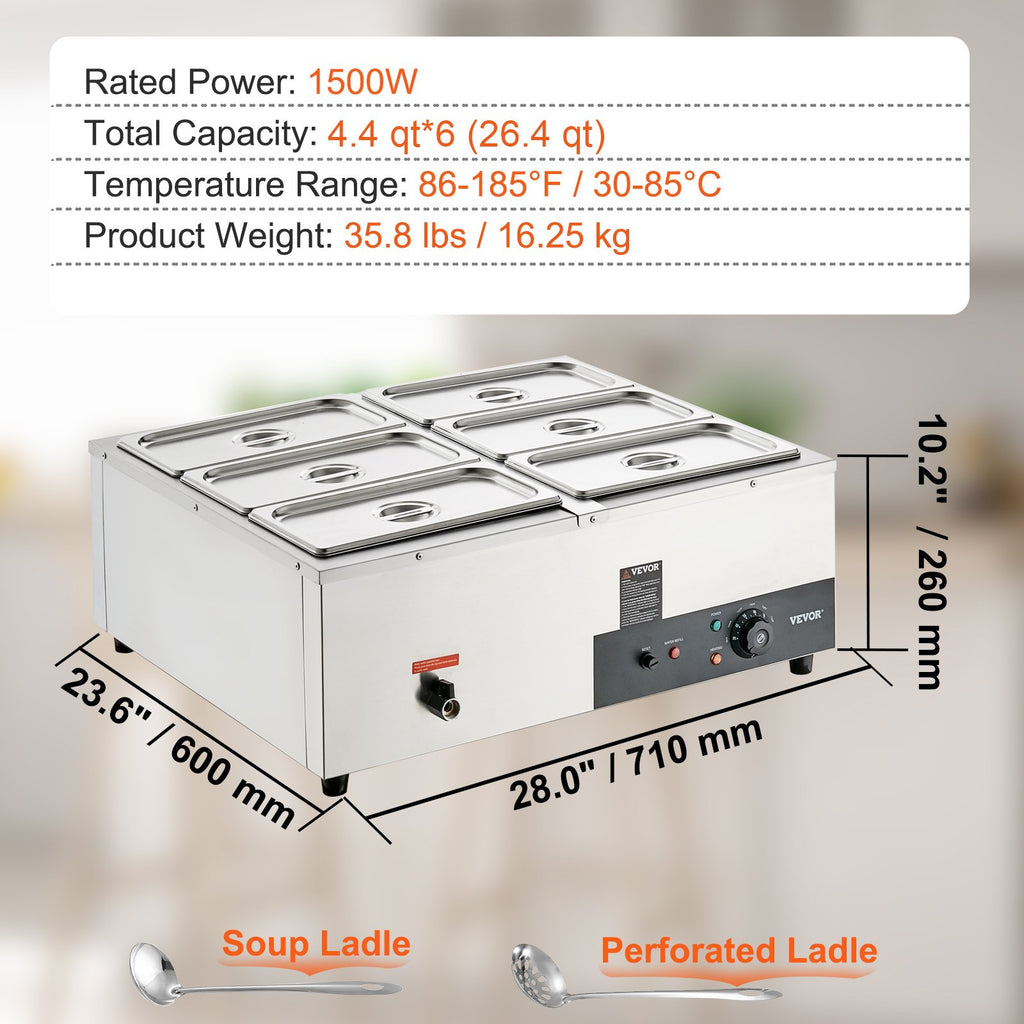 Elektrinis maisto šildytuvas VEVOR 6x8 Qt, 1500W