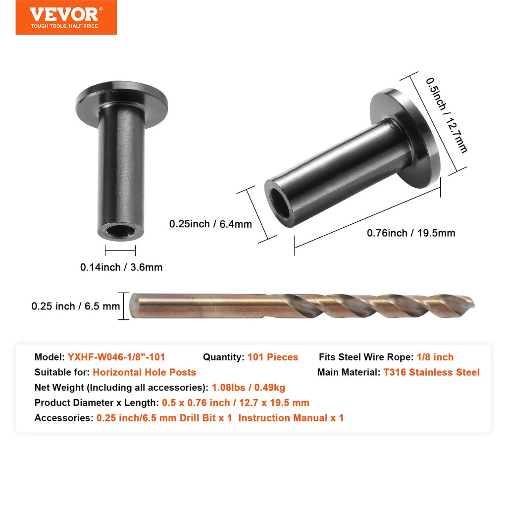 Apsauginės įvorės lynams VEVOR YXHF-W046-1/8"-101, 101 vnt.