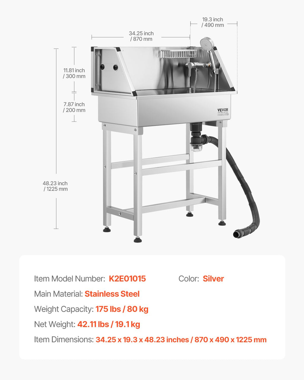 Šunų prausimo vonia VEVOR K2E01015, 86,4 cm nerūdijančio plieno