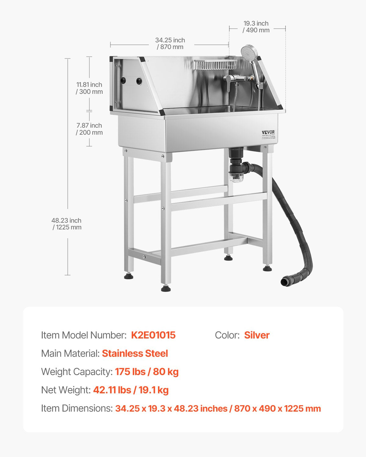 Šunų prausimo vonia VEVOR K2E01015, 86,4 cm nerūdijančio plieno
