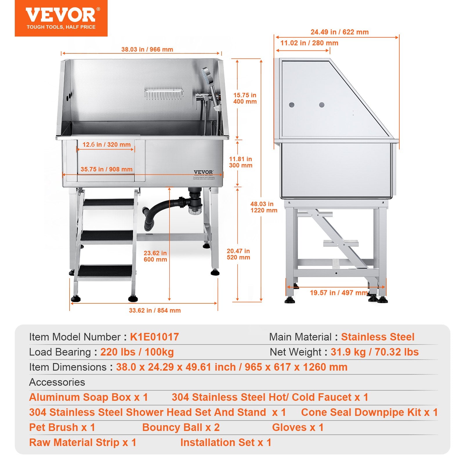 Šunų maudymo vonia VEVOR K1E01017, 96,5 cm