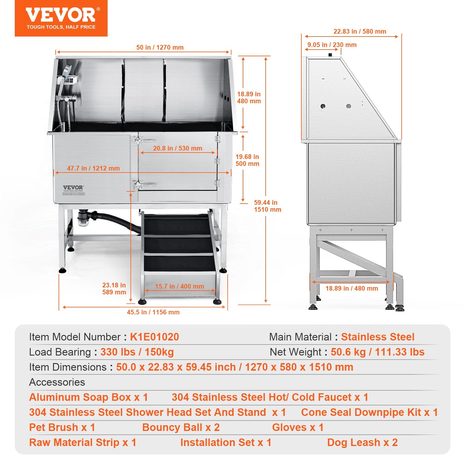 Šunų maudymo vonia VEVOR K1E01020, 127 cm