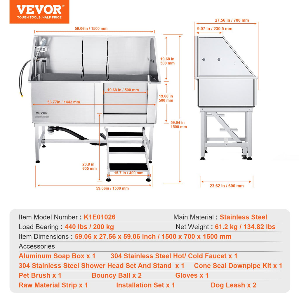Šunų maudymo vonia VEVOR K1E01026, 157 cm ilgio