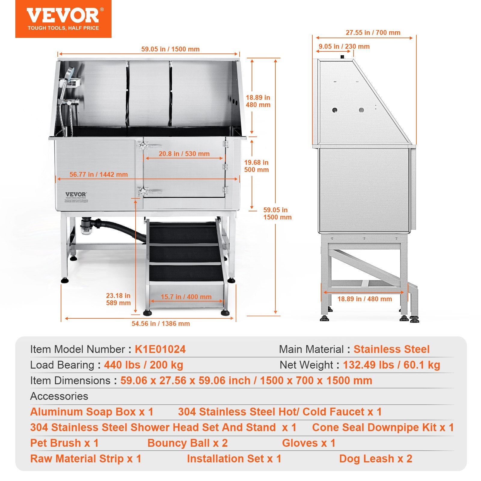 Šunų maudymo vonia VEVOR K1E01026, 157 cm su rampa