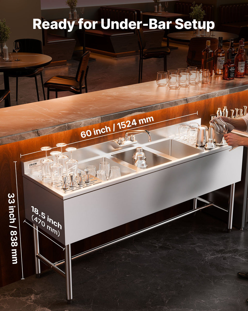 Trijų skyrių plautuvė VEVOR JC-BAR-3B60-LR-320, 304 nerūdijantis plienas