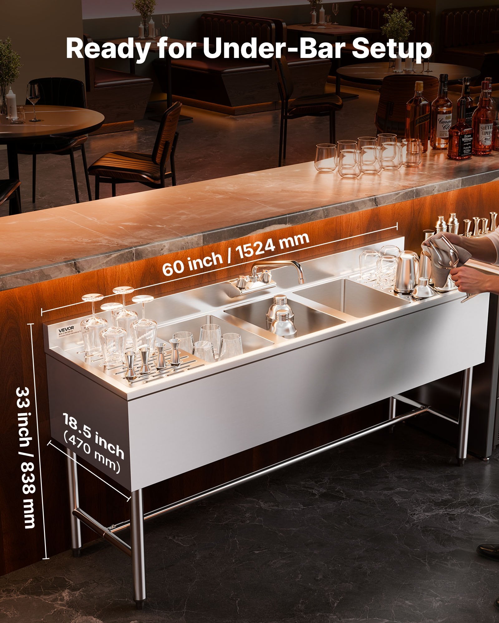 Trijų skyrių plautuvė VEVOR JC-BAR-3B60-LR-320, 304 nerūdijantis plienas