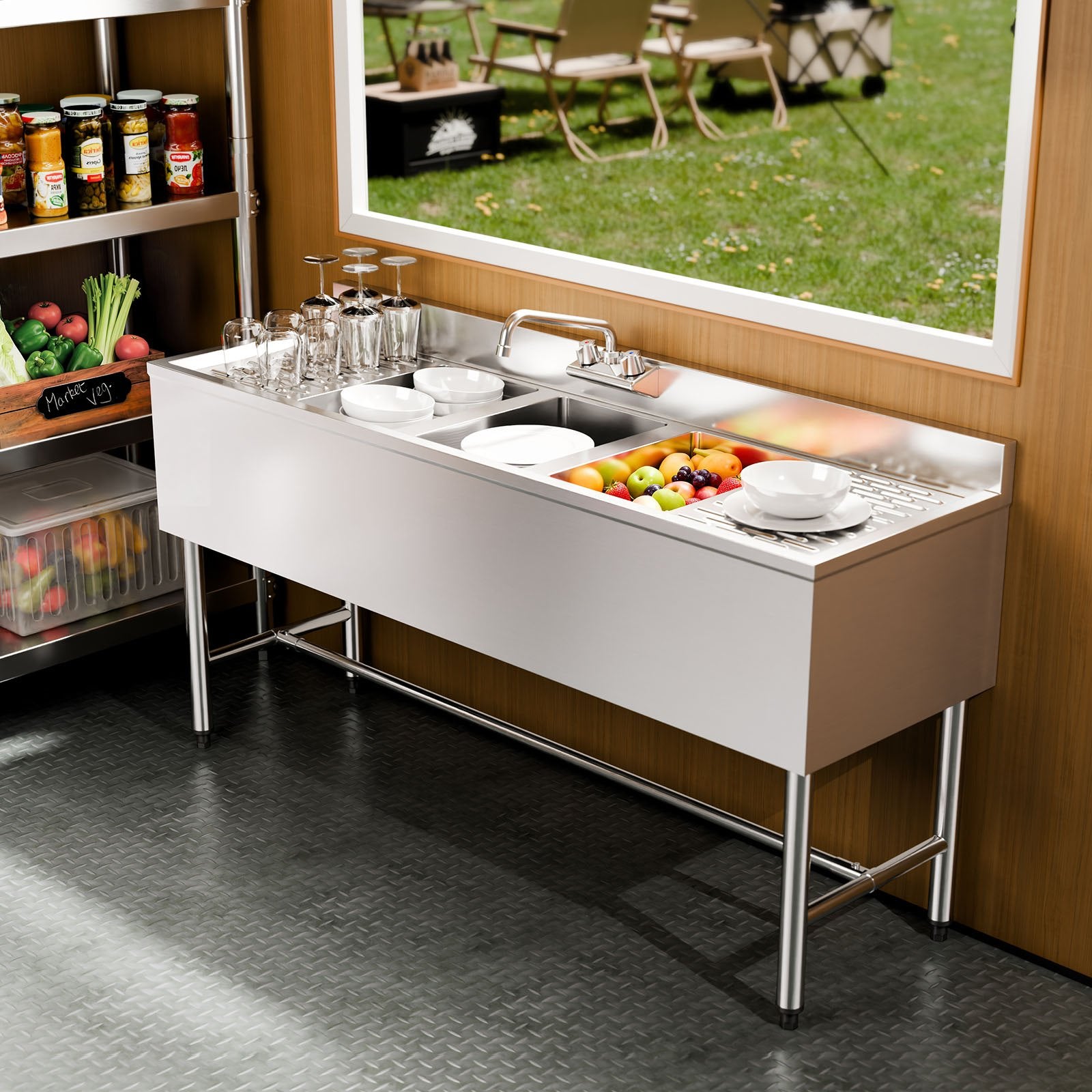 Trijų skyrių plautuvė VEVOR JC-BAR-3B60-LR-320, 304 nerūdijantis plienas