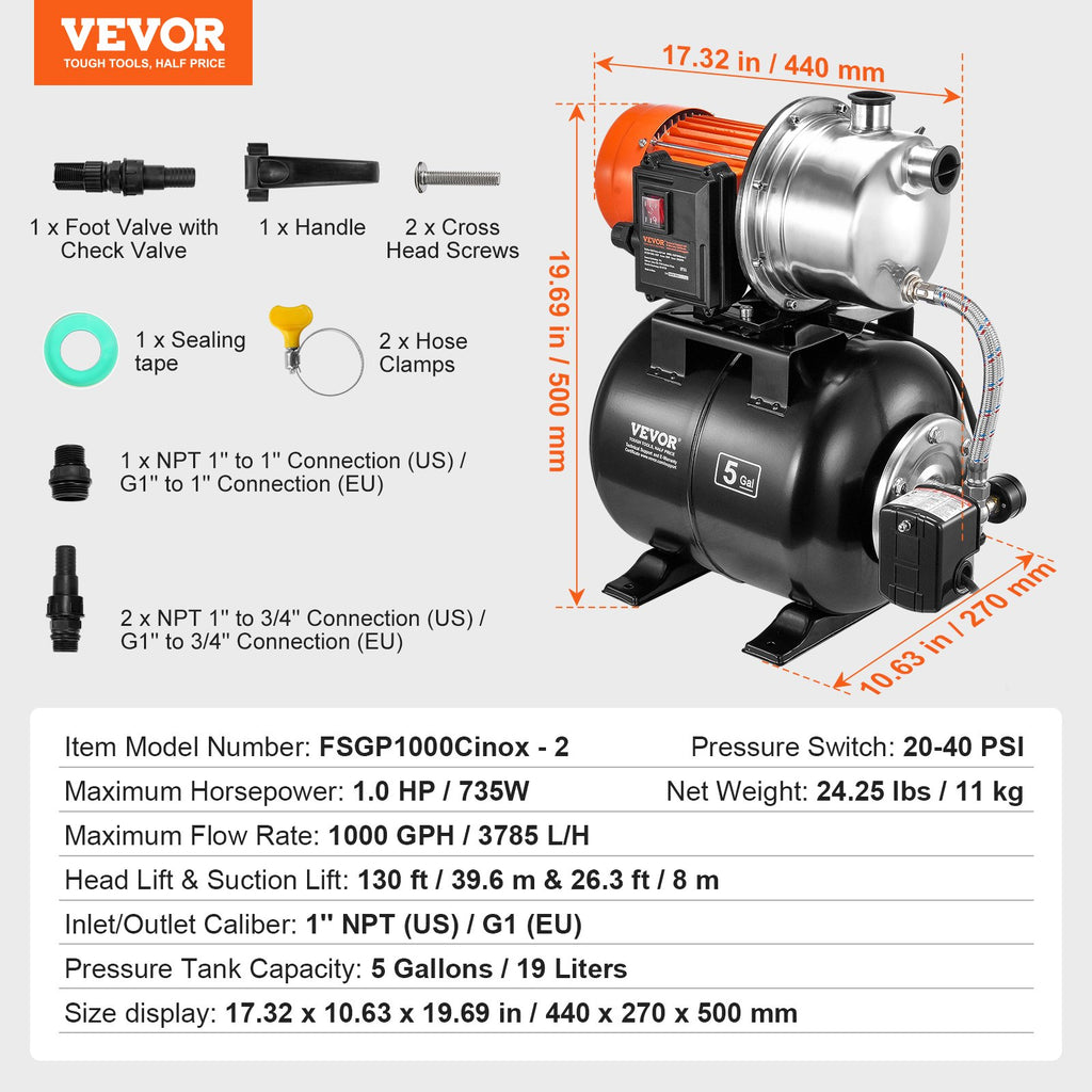 Vandens siurblys su hidroforu VEVOR FSGP1000Cinox-2, 745 W