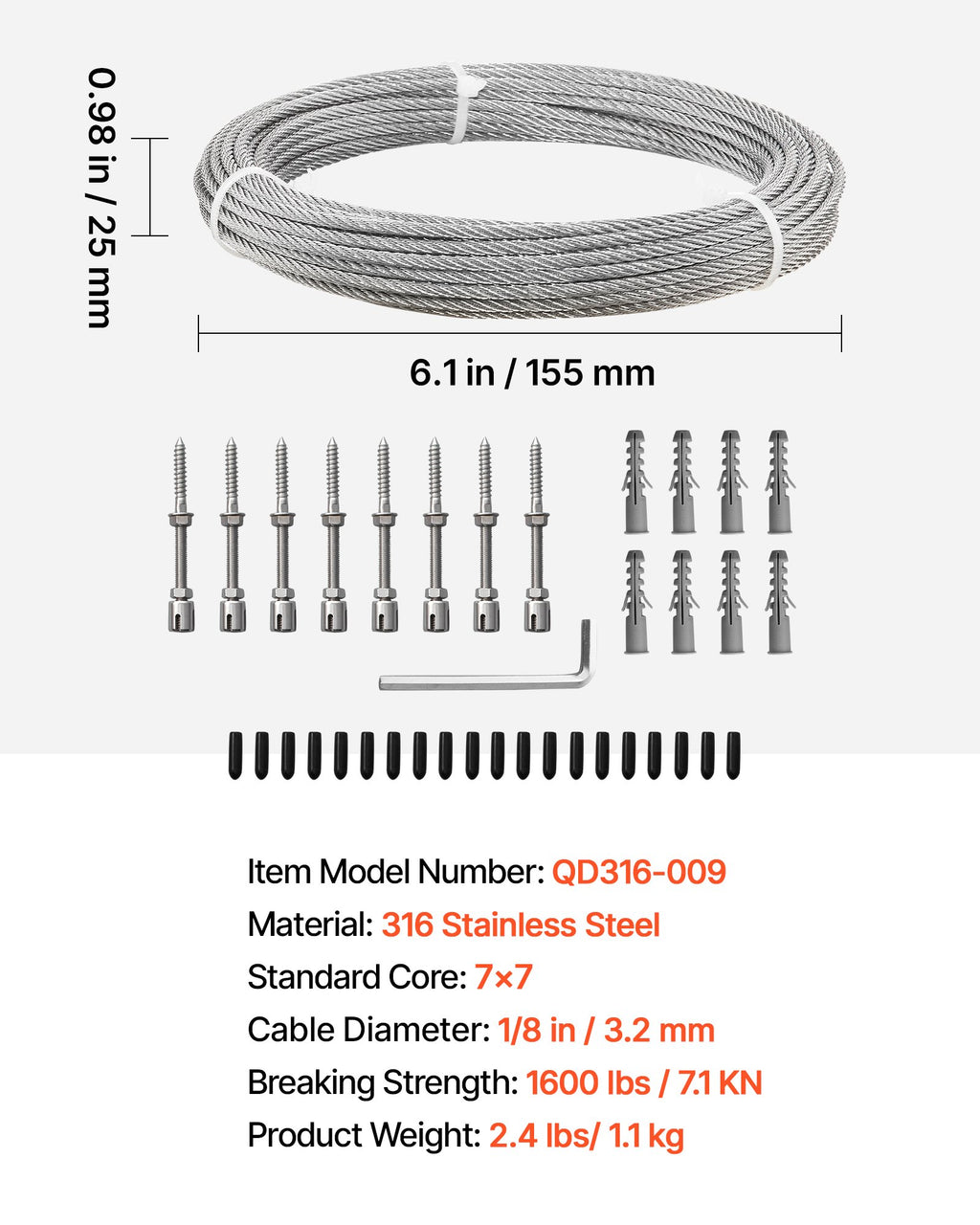 Plieninis trosas VEVOR QD316-009, 3,2 mm