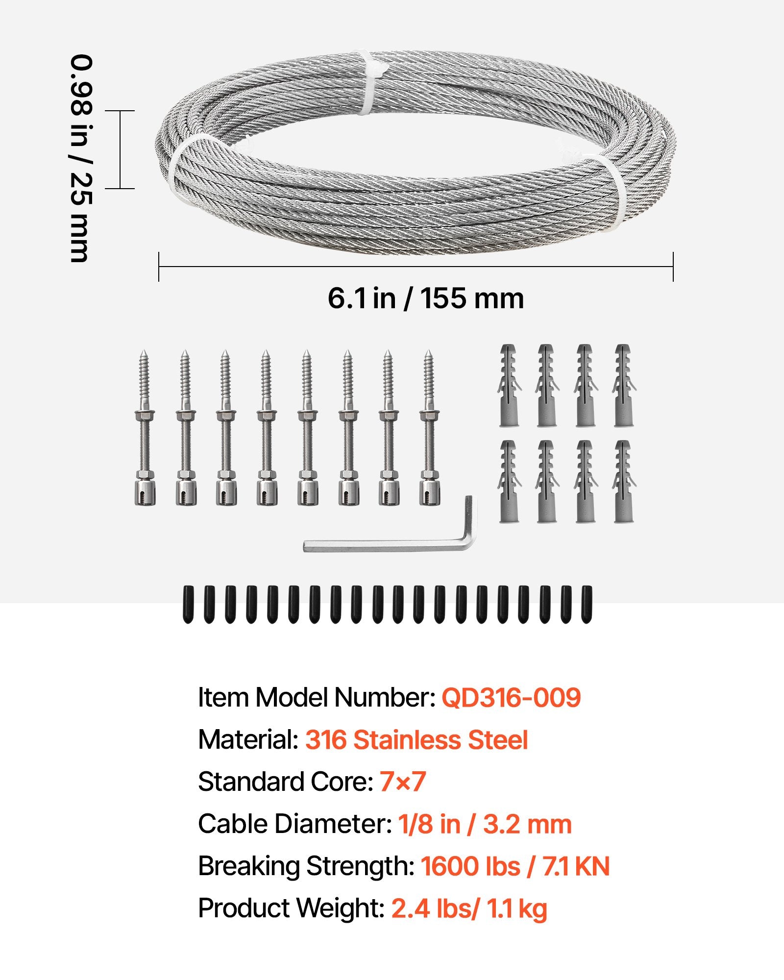 Plieninis trosas VEVOR QD316-009, 3,2 mm