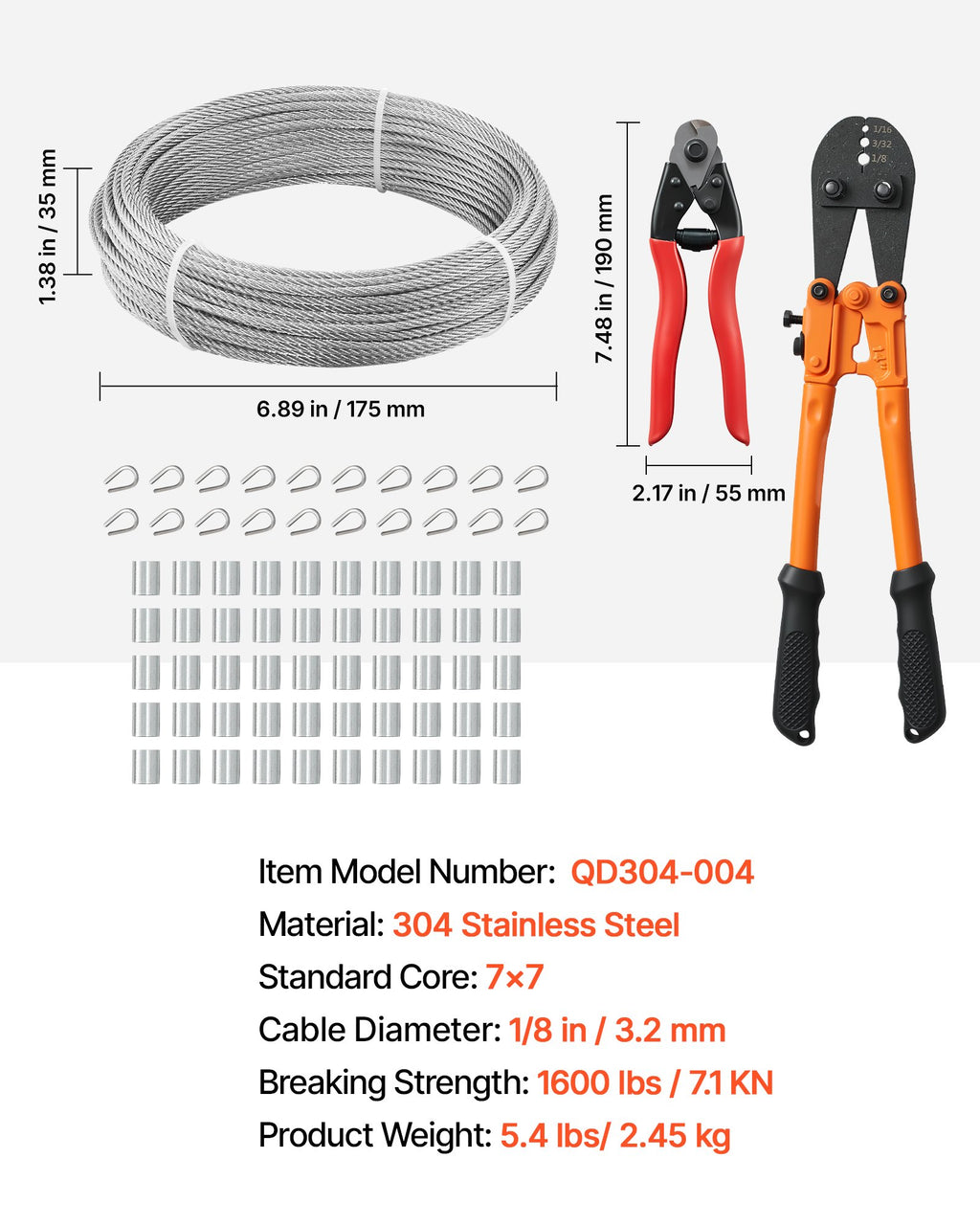 Plieninis trosas VEVOR QD304-004, 3.2 mm x 30.5 m