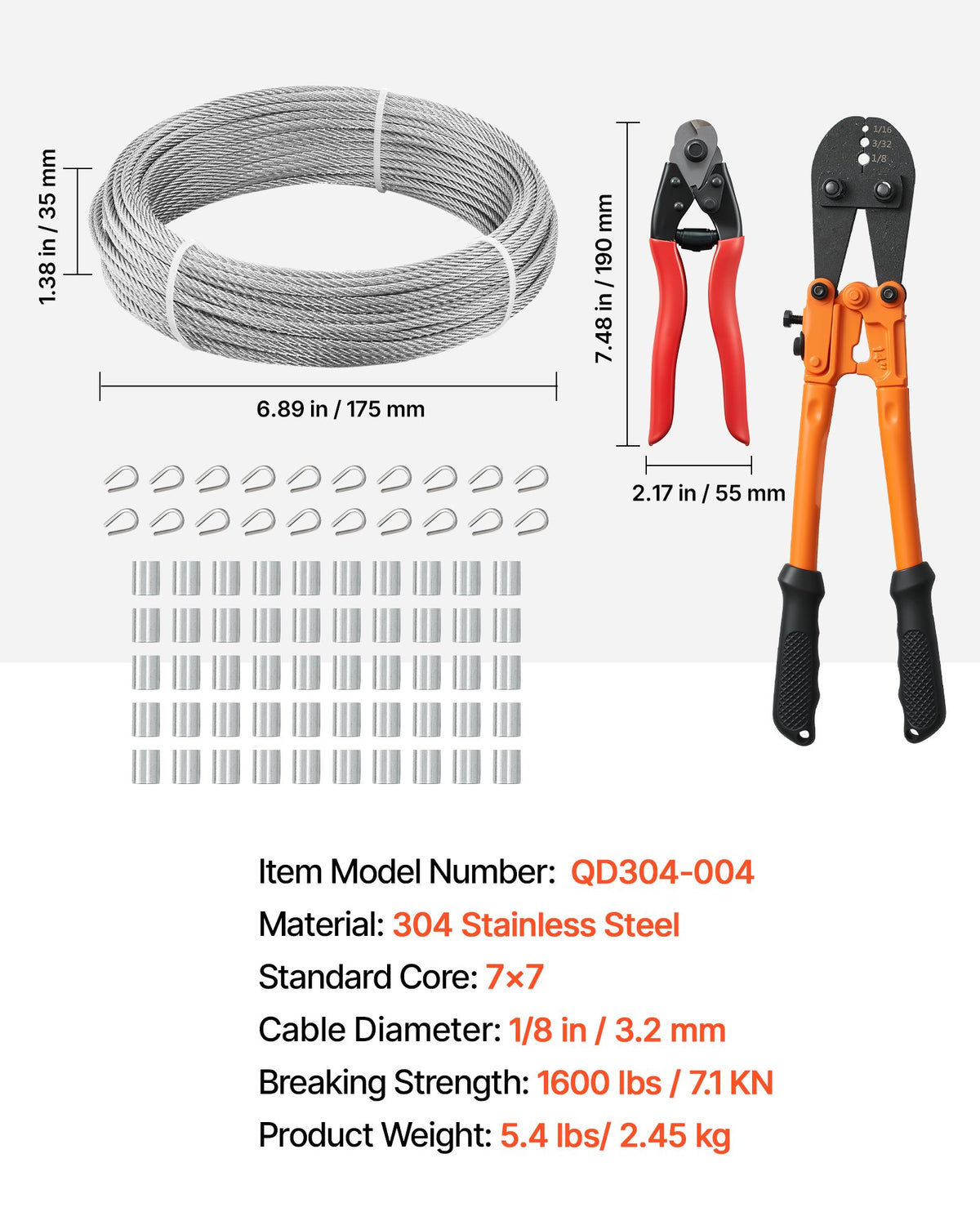 Plieninis trosas VEVOR QD304-004, 3.2 mm x 30.5 m