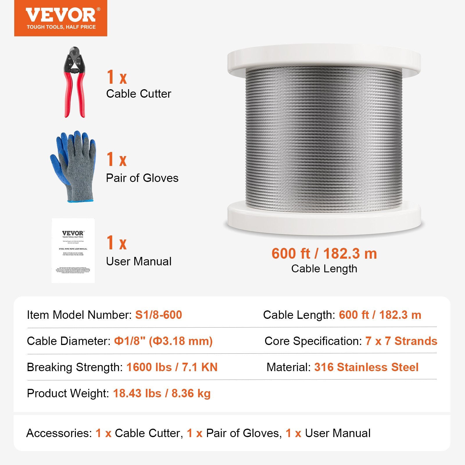 Plieninis trosas VEVOR S1/8-600, 182,3 m