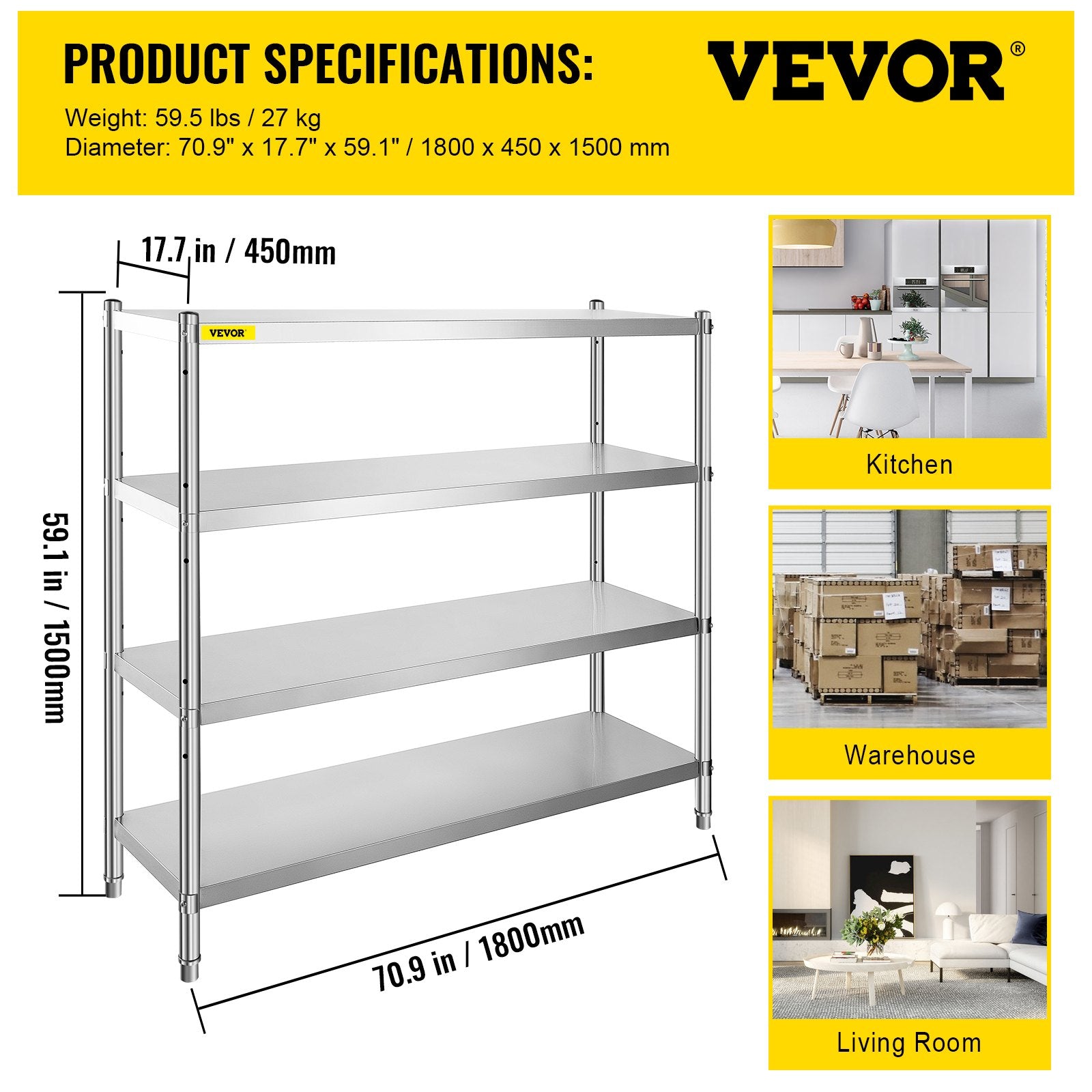 Nerūdijančio plieno lentyna VEVOR VV-SSS-4-72, 180x45x150 cm