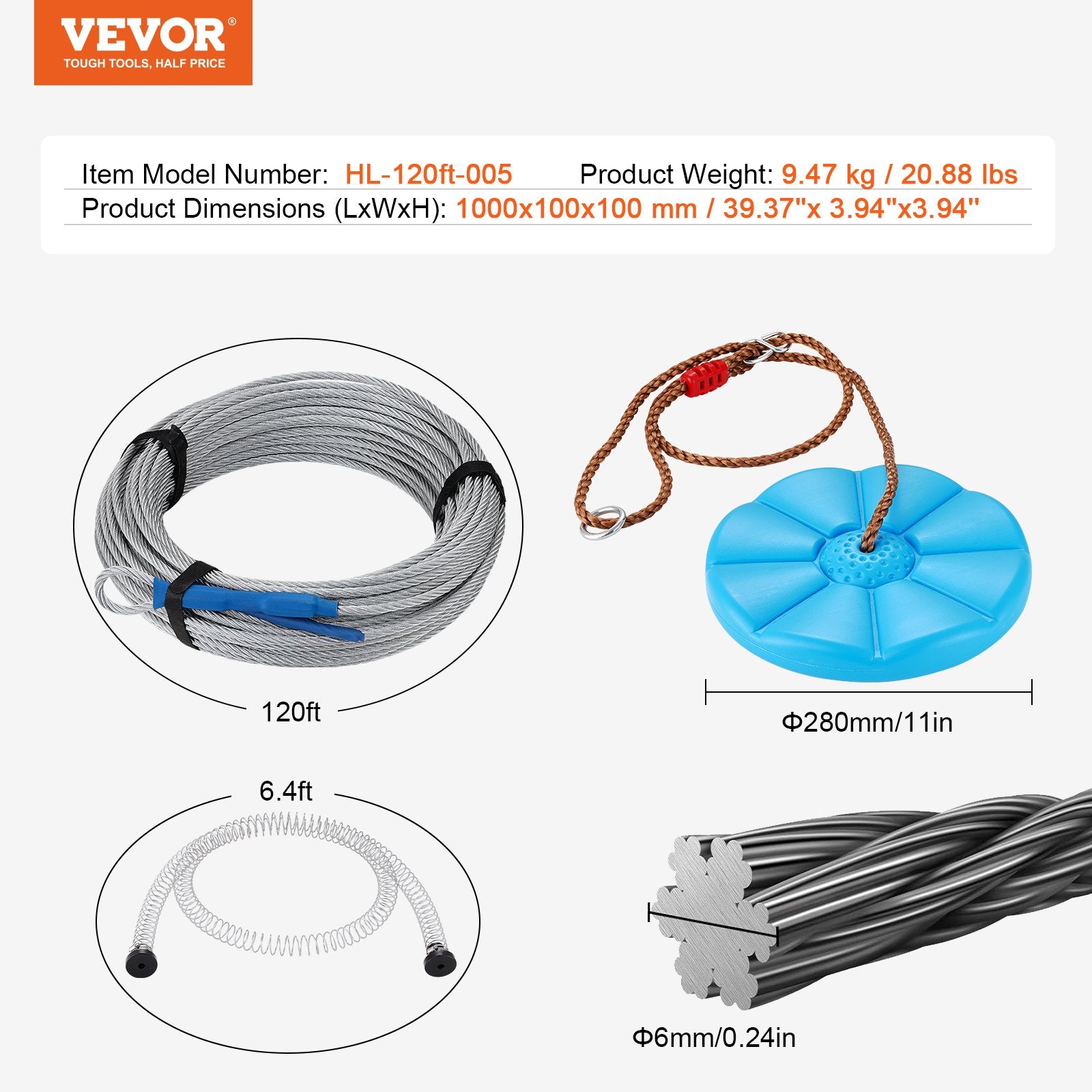 Trosinis nusileidimas (Zipline) VEVOR HL-120ft-005, 36,6 m