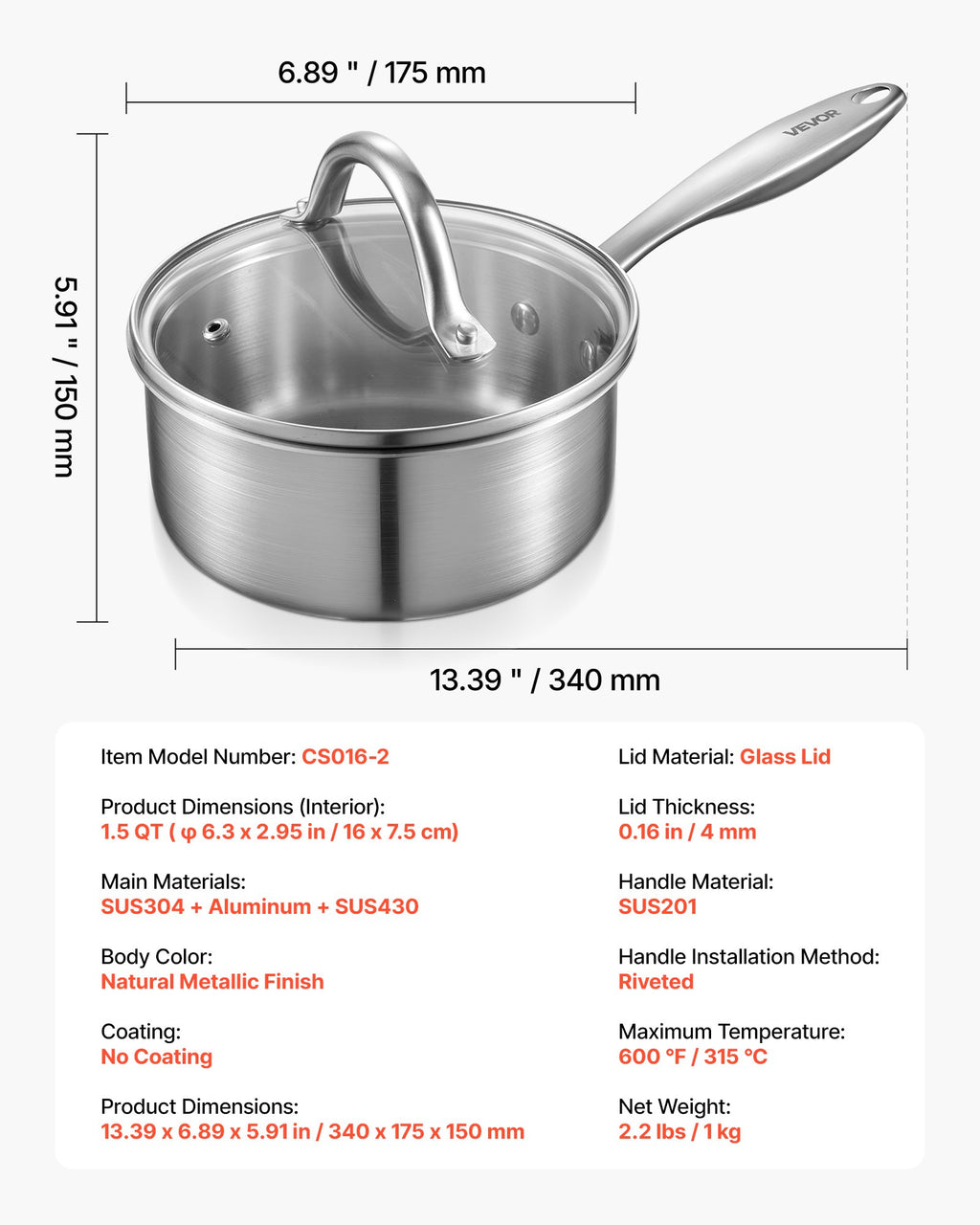 Puodas su rankena VEVOR CS016-2, 1,42 l