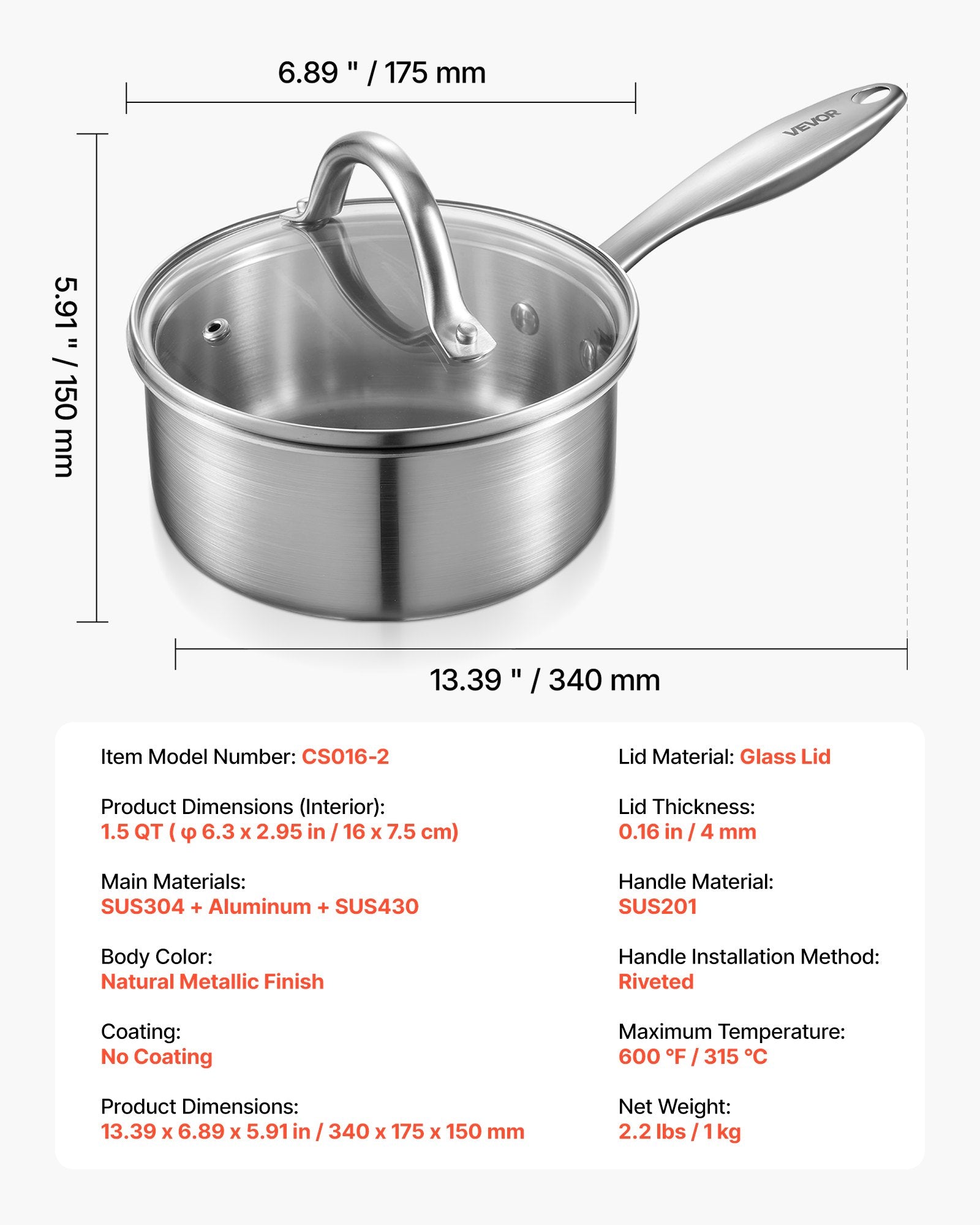 Puodas su rankena VEVOR CS016-2, 1,42 l