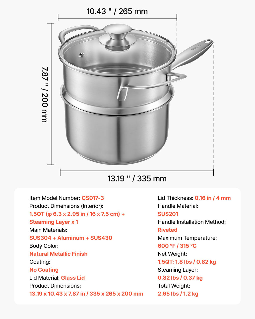 Puodas su garinimo krepšiu VEVOR CS017-3, 1,42 l