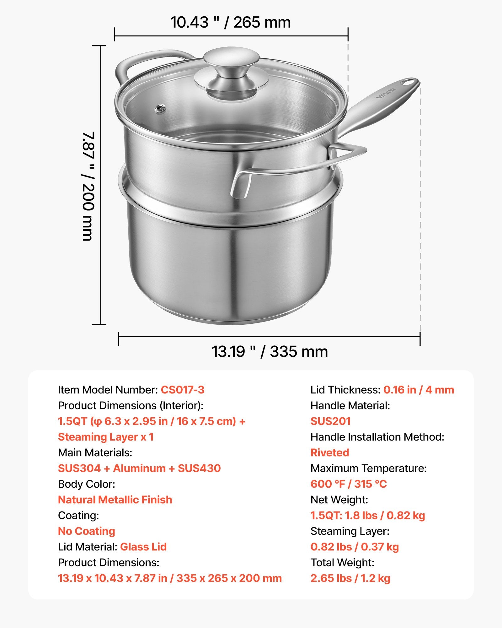 Puodas su garinimo krepšiu VEVOR CS017-3, 1,42 l