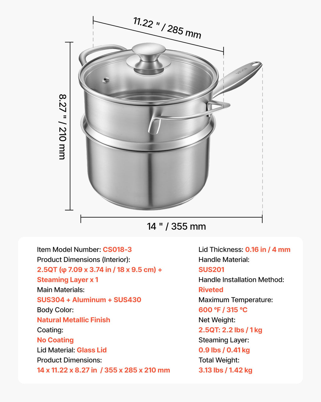 Puodas su garinimo įdėklu VEVOR CS018-3, 2,37 l