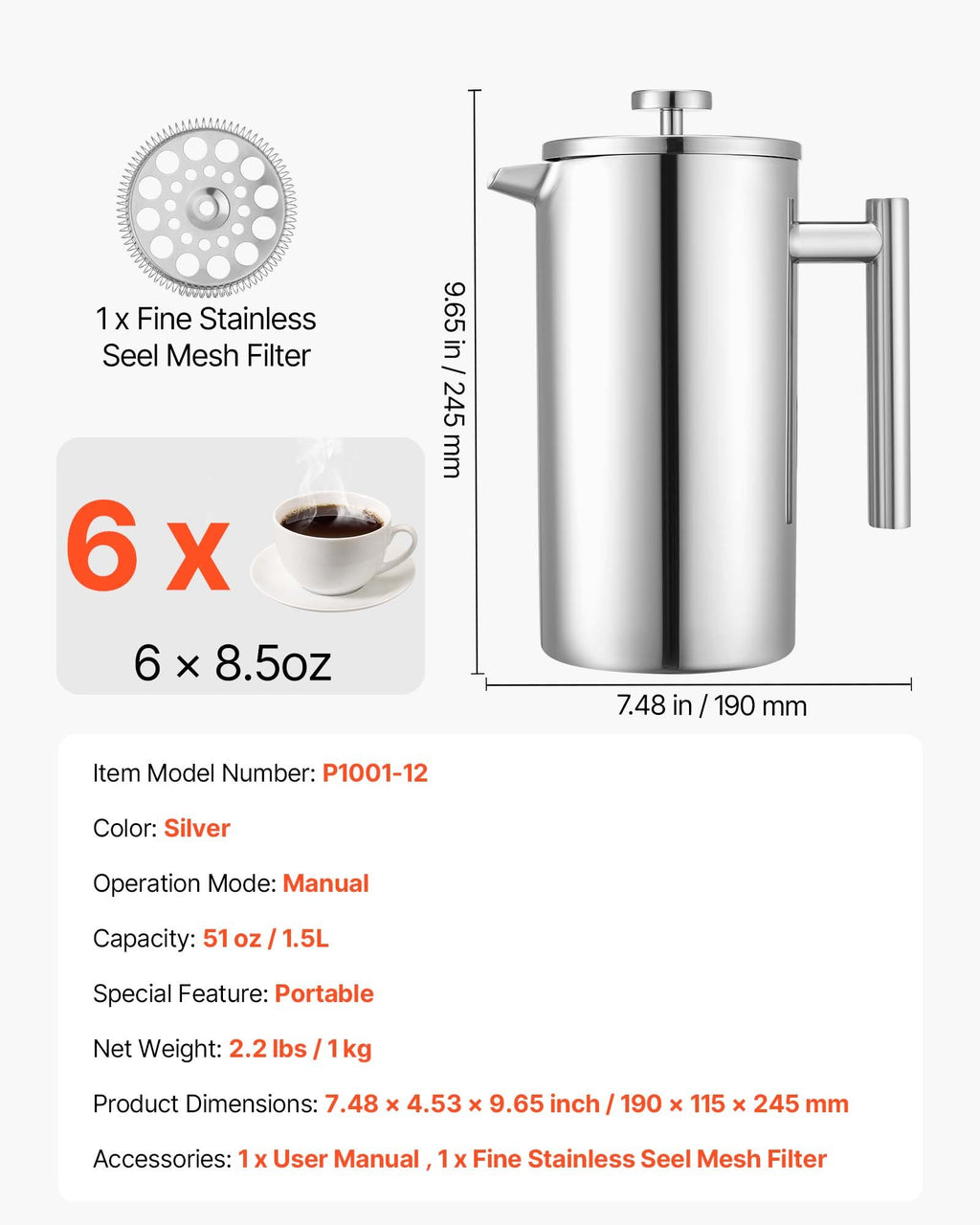 Prancūziškas kavinukas VEVOR P1001-12, 1,5 l