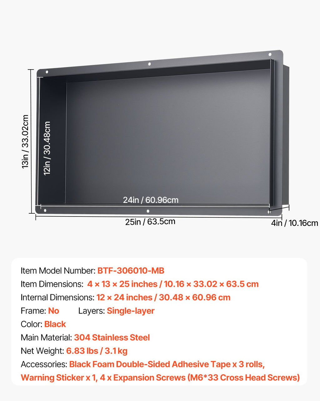 Dušo niša VEVOR BTF-306010-MB, 33 x 63,5 cm