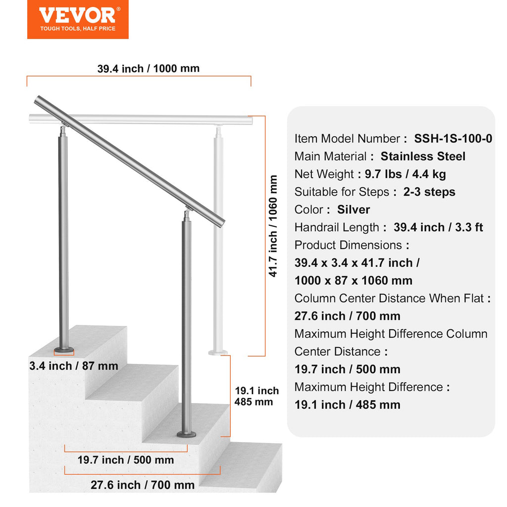 Lauko laiptų turėklas VEVOR SSH-1S-100-0, 100 cm ilgio