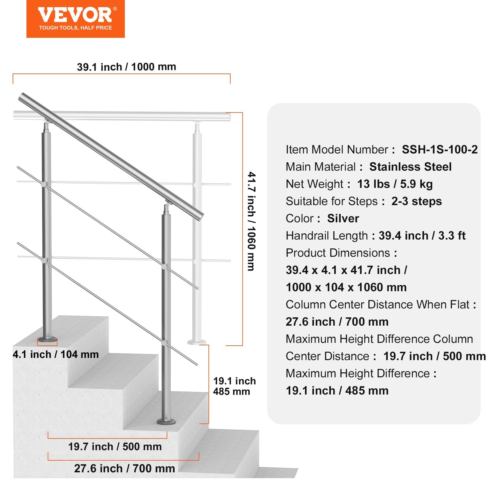 Lauko laiptų turėklai VEVOR SSH-1S-100-2, 100,1 cm ilgio