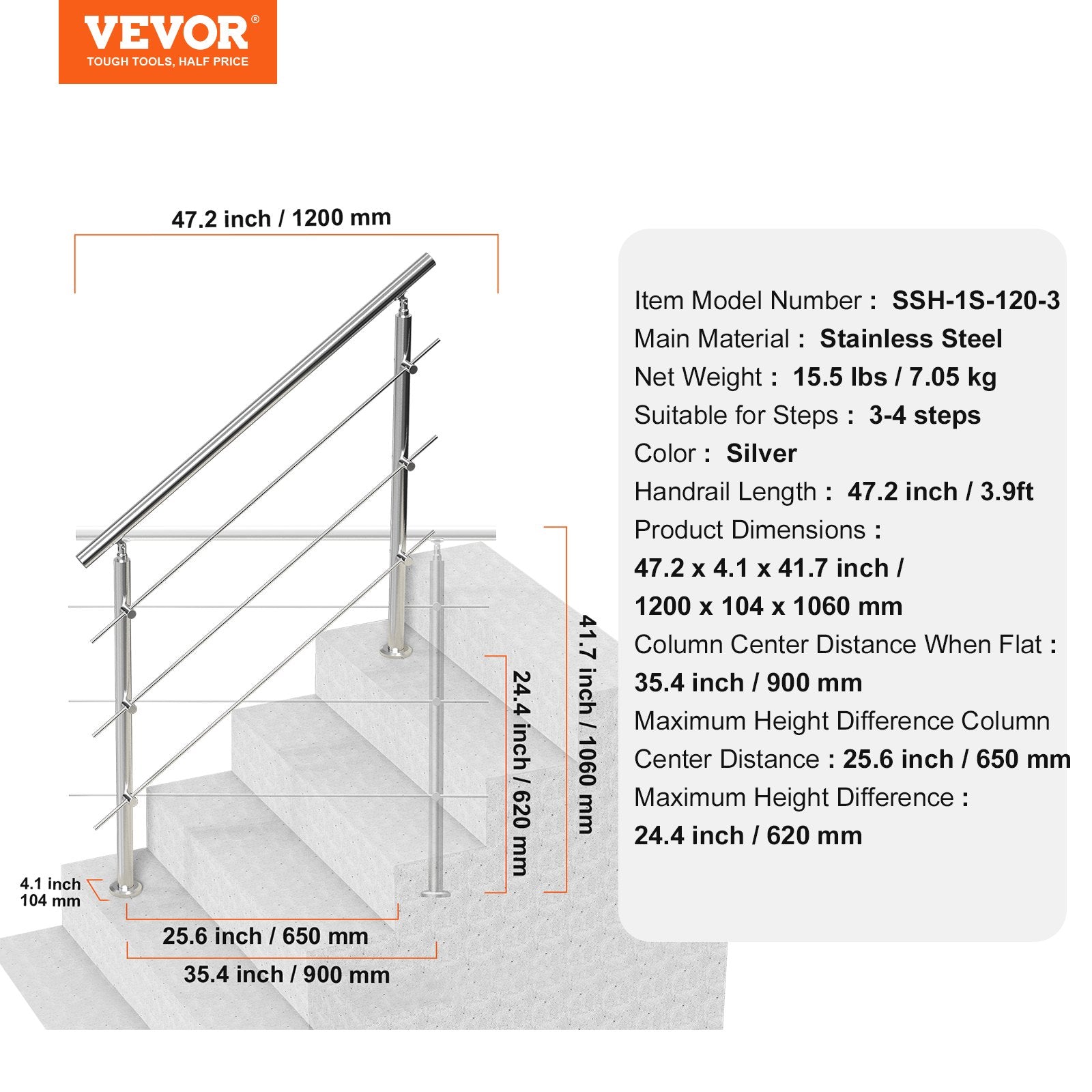 Lauko laiptų turėklai VEVOR SSH-1S-120-3, 120 cm ilgio
