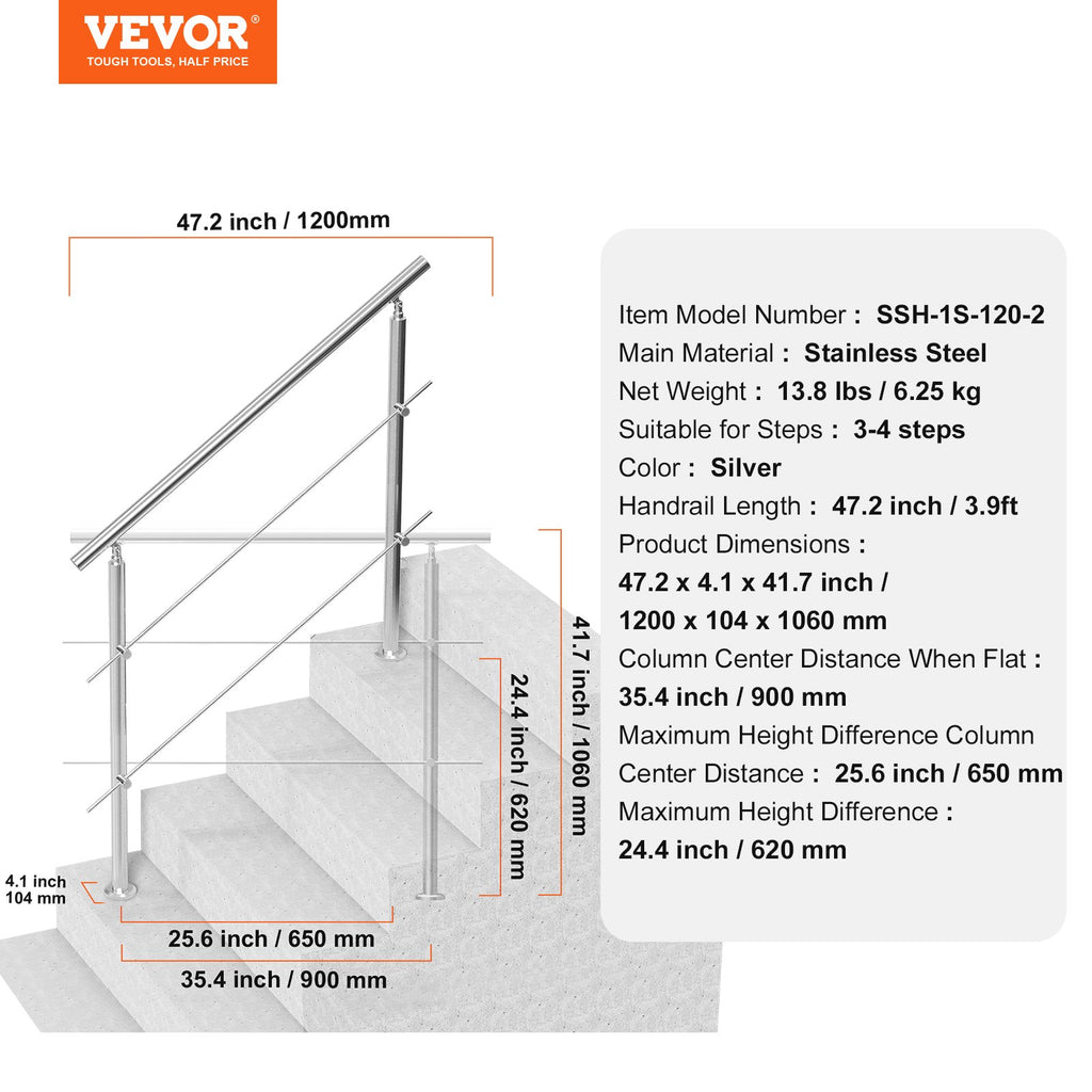 Turėklai lauko laiptams VEVOR SSH-1S-120-2, 120 cm