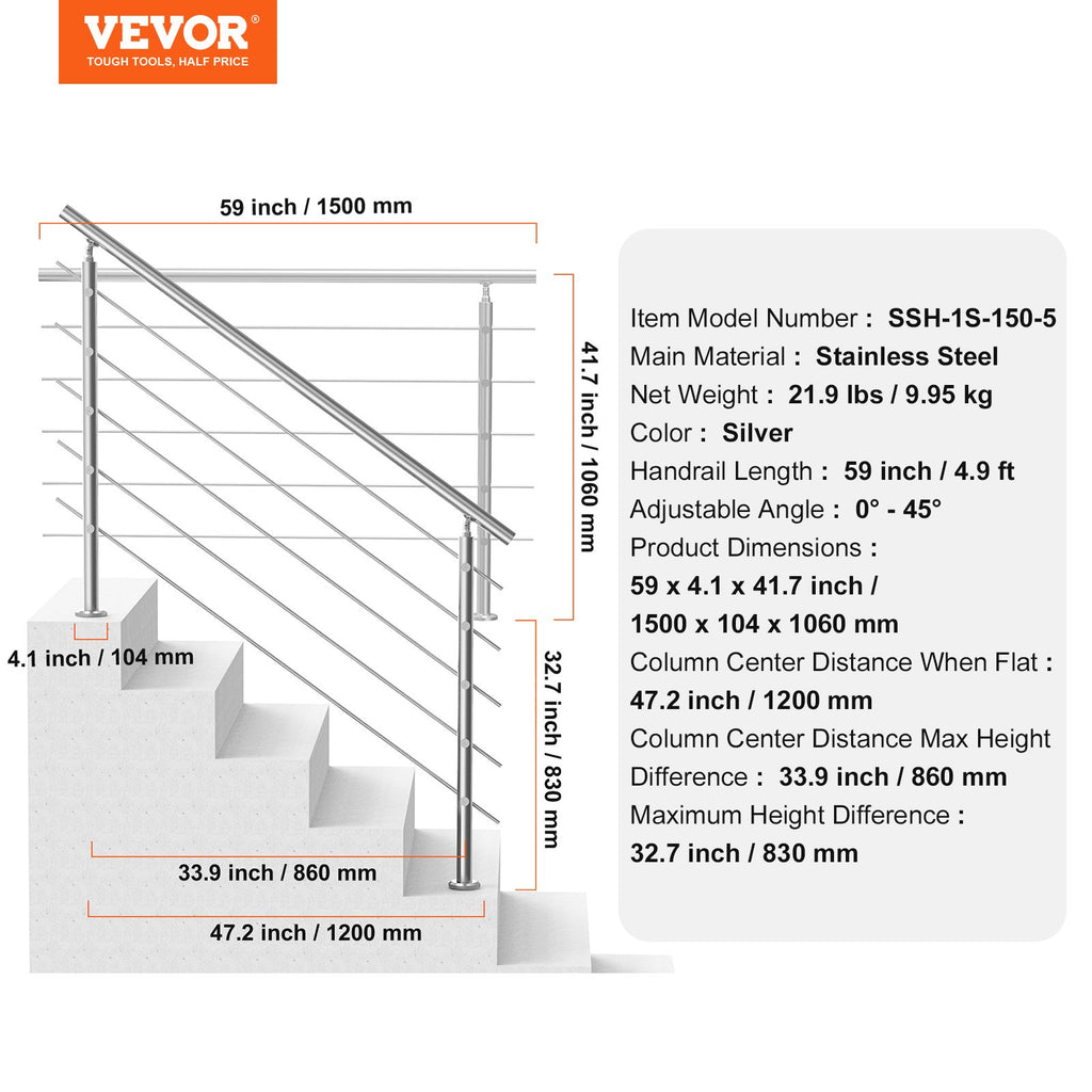 Lauko laiptų turėklai VEVOR SSH-1S-150-5, 150 cm ilgio