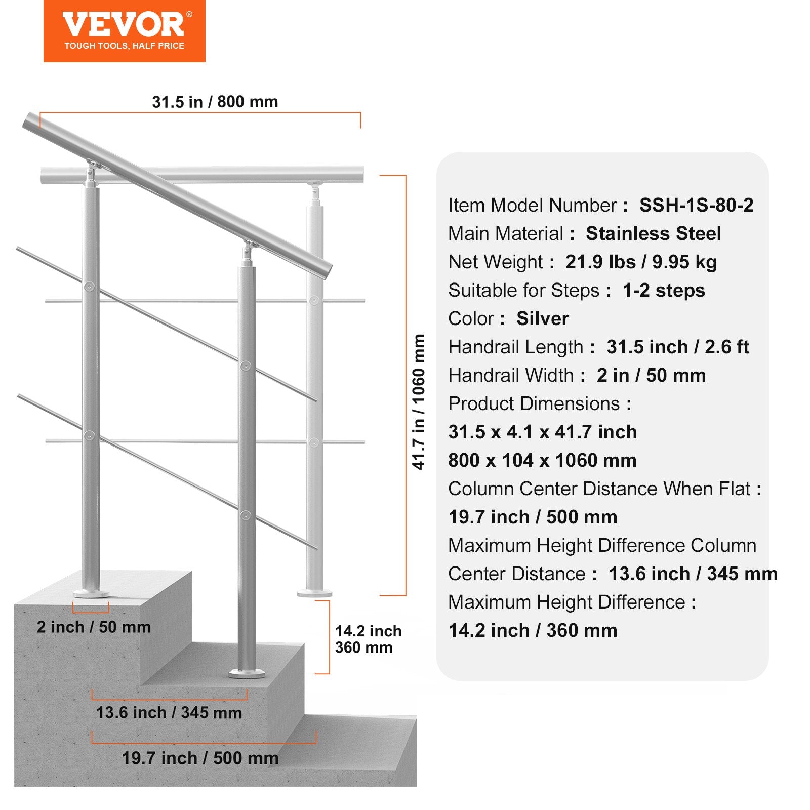 Lauko laiptų turėklai VEVOR SSH-1S-80-2, 80 cm ilgio