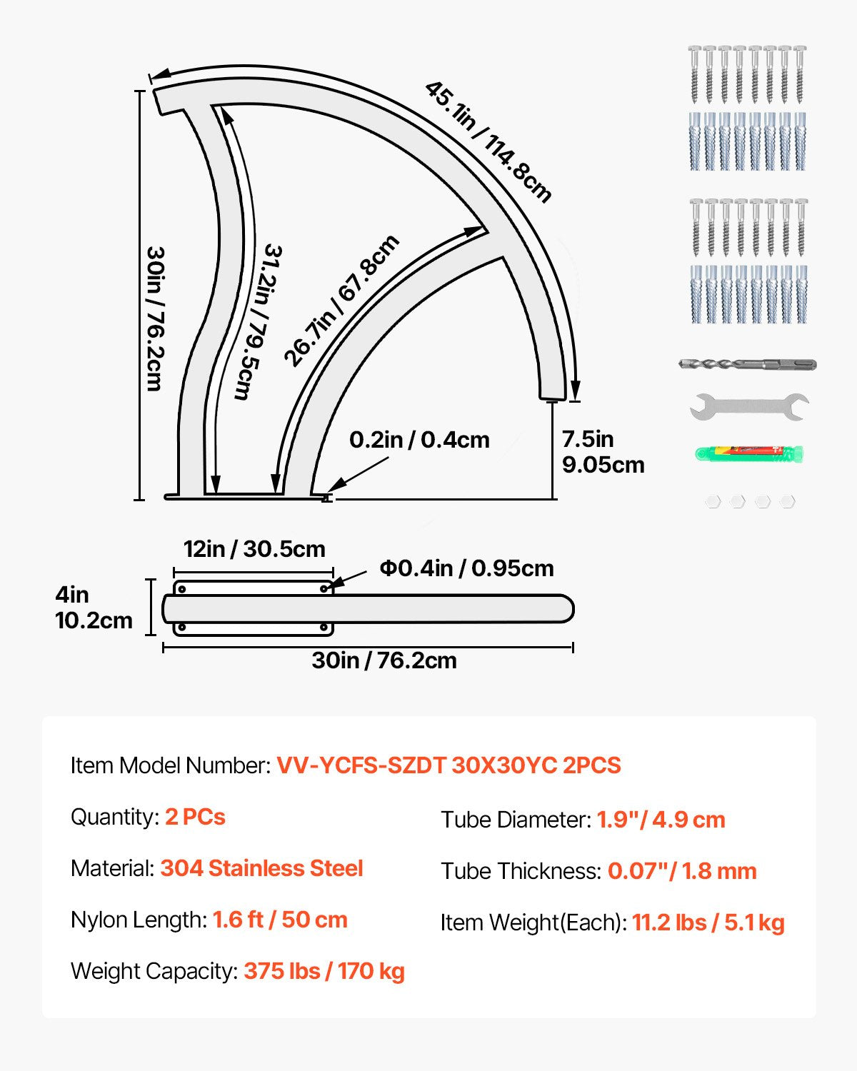 Baseino turėklai VEVOR VV-YCFS-SZDT, 2 vnt., 170 kg apkrova