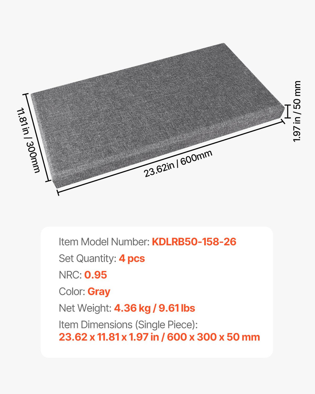 Akustinės plokštės VEVOR KDLRB50-158-26, 4 vnt., 50 mm storio