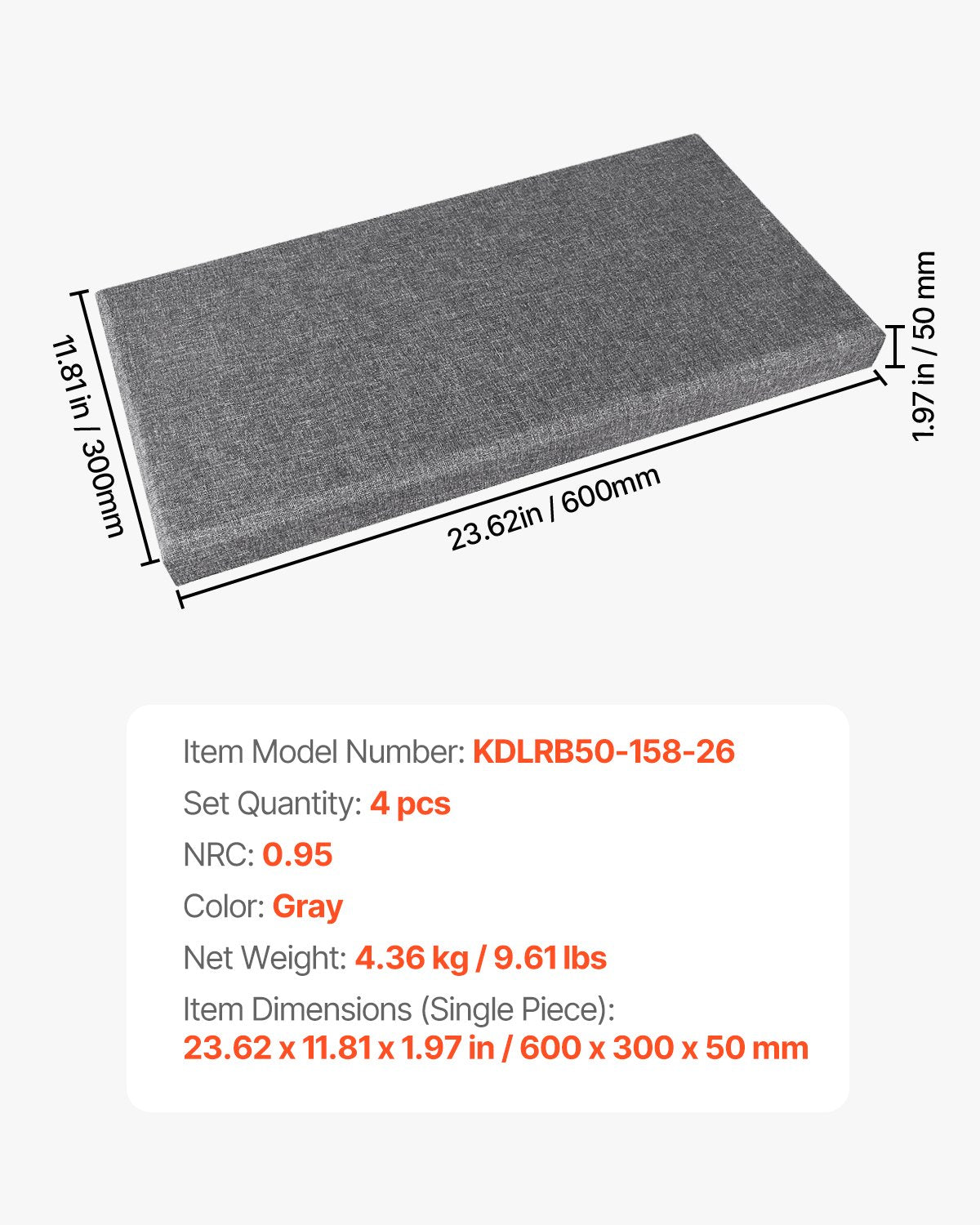 Akustinės plokštės VEVOR KDLRB50-158-26, 4 vnt., 50 mm storio
