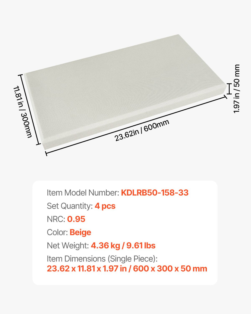 Akustinės plokštės VEVOR KDLRB50-158-33, 50 mm storio