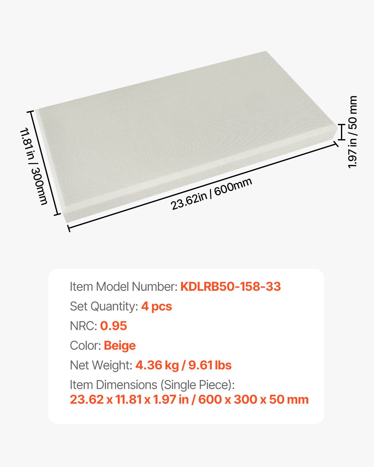 Akustinės plokštės VEVOR KDLRB50-158-33, 50 mm storio