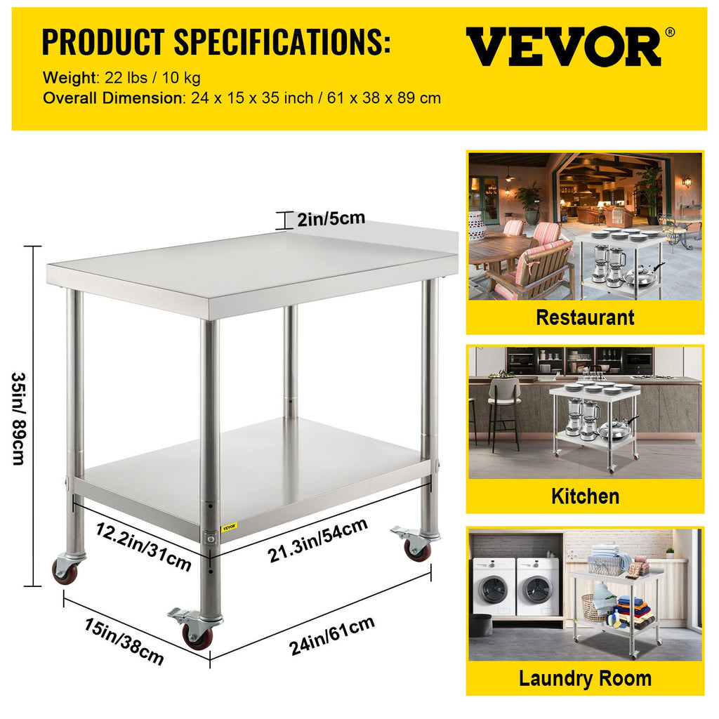 Nerūdijančio plieno paruošimo stalas VEVOR VV-SSWT-BJL-1524, 200 kg apkrova