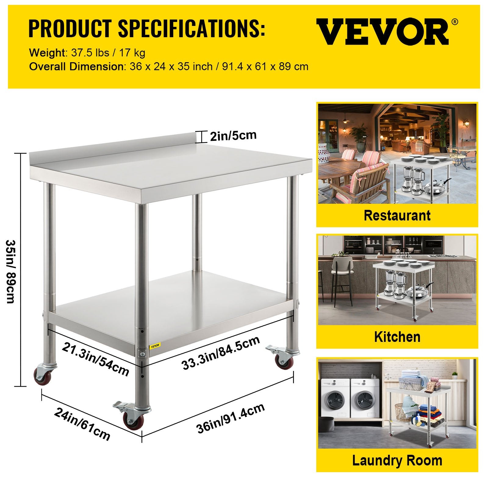 Nerūdijančio plieno paruošimo stalas VEVOR VV-SSWT-BJL-2436, 91x61 cm