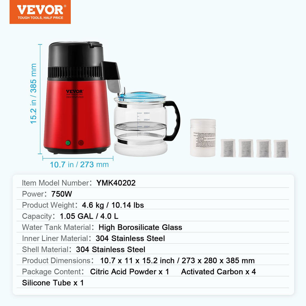 Vandens distiliatorius VEVOR YMK40202, 4 l