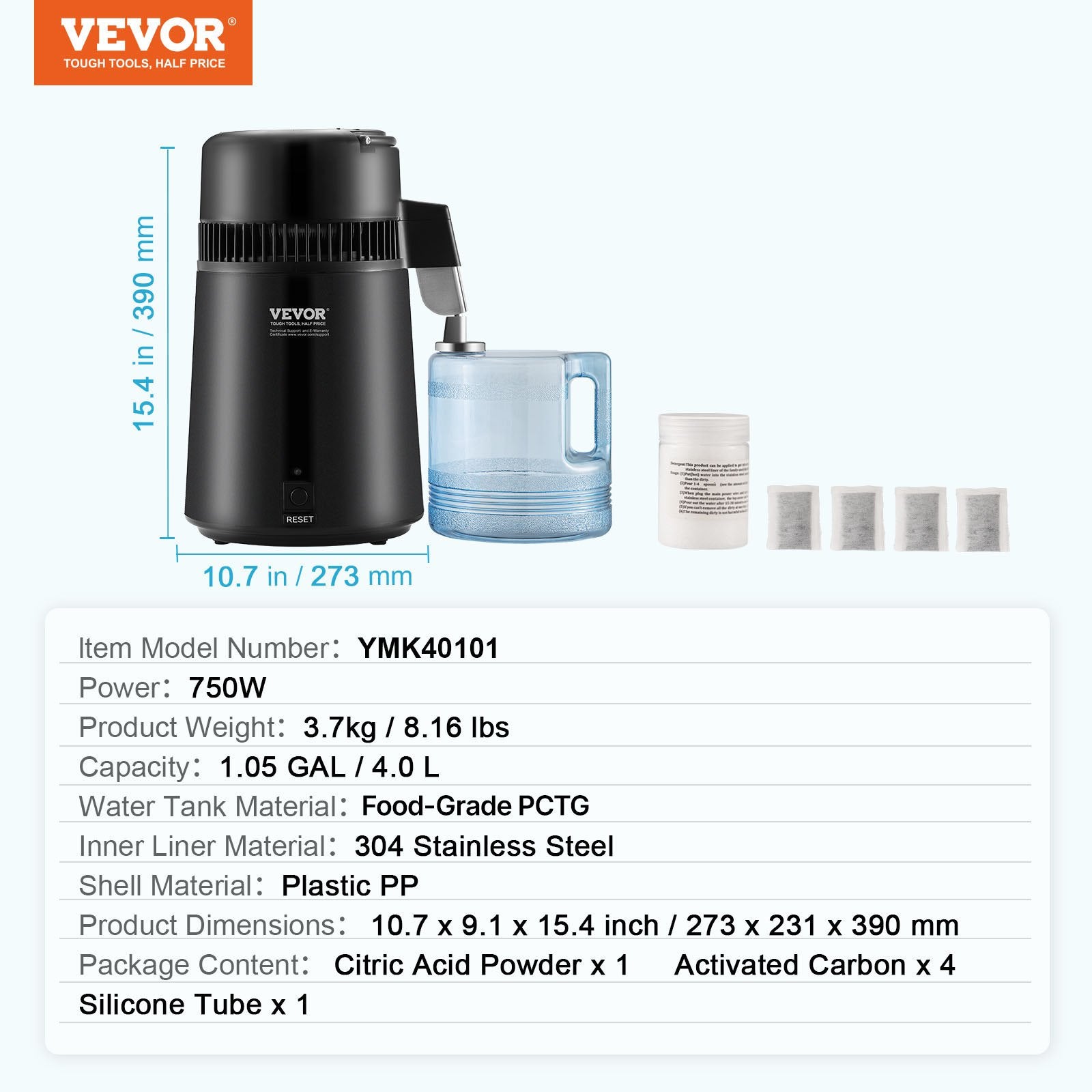 Vandens distiliatorius VEVOR YMK40101, 4 l talpos