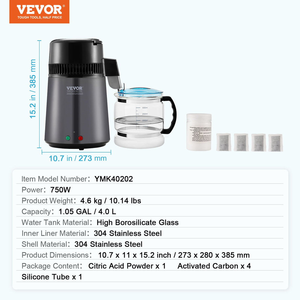 Vandens distiliatorius VEVOR YMK40202, 4 l talpos