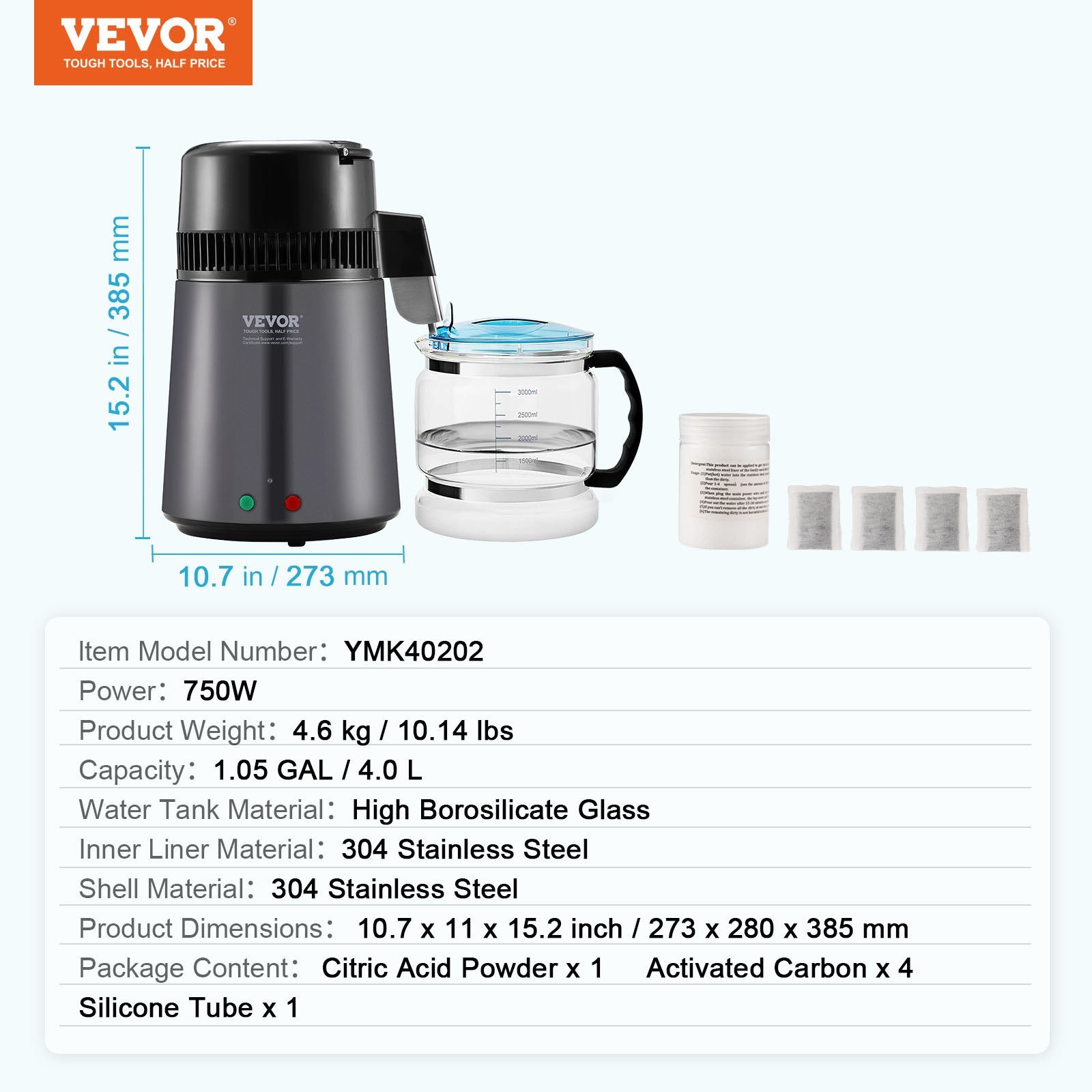 Vandens distiliatorius VEVOR YMK40202, 4 l talpos