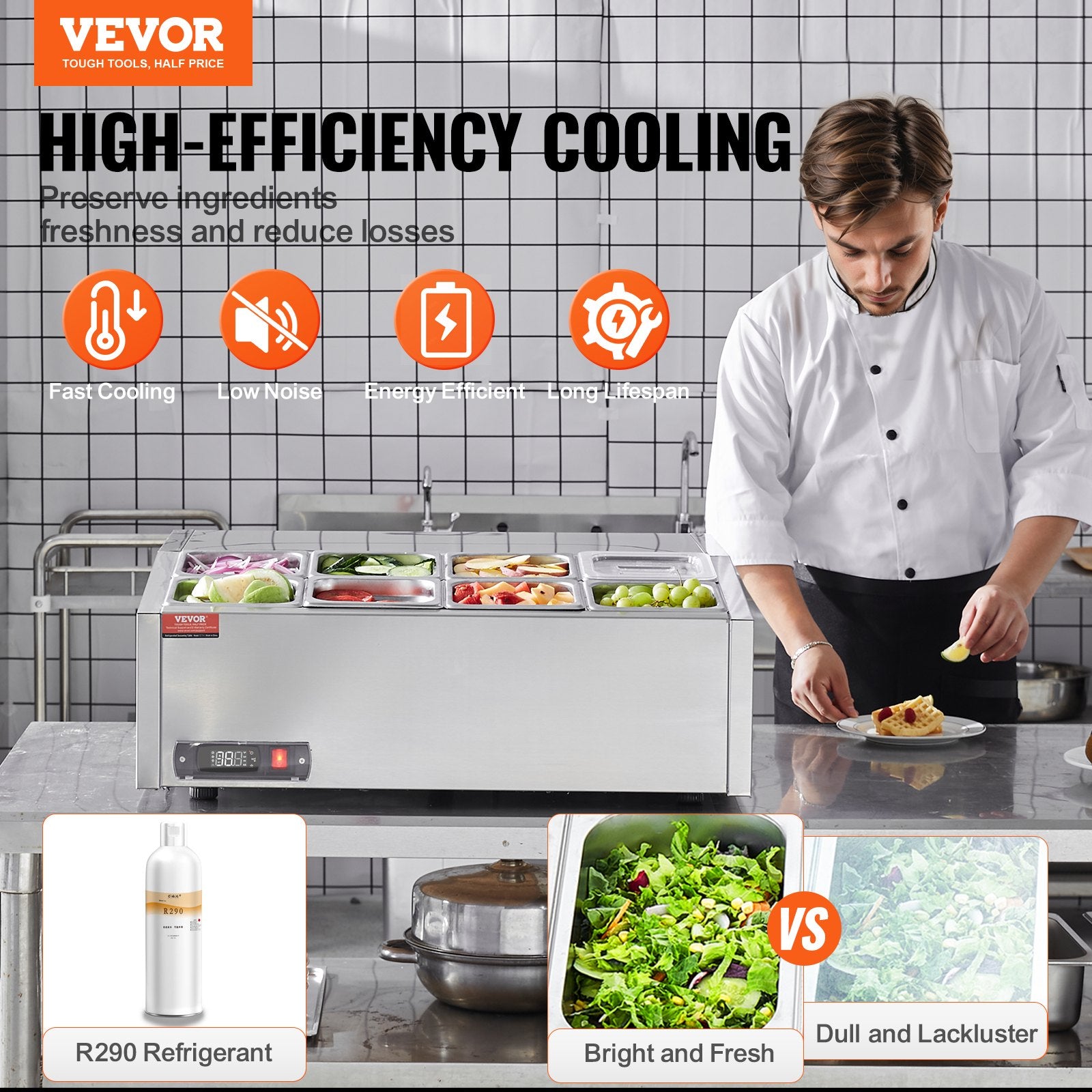 Šaldoma ingredientų vitrina VEVOR D27TW-G, 8 x GN 1/6 indai