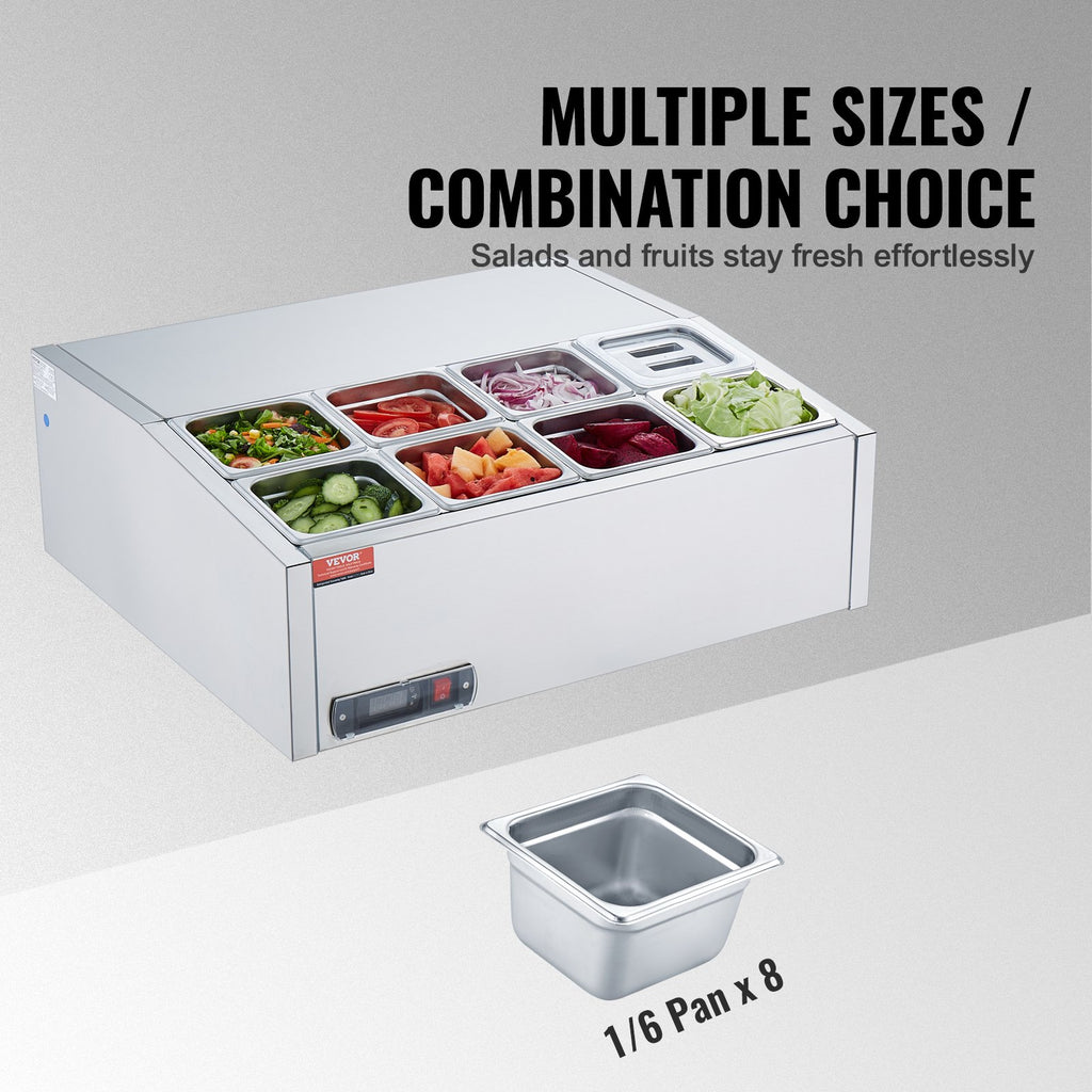 Šaldoma ingredientų vitrina VEVOR D27TW-G, 8 x GN 1/6 indai
