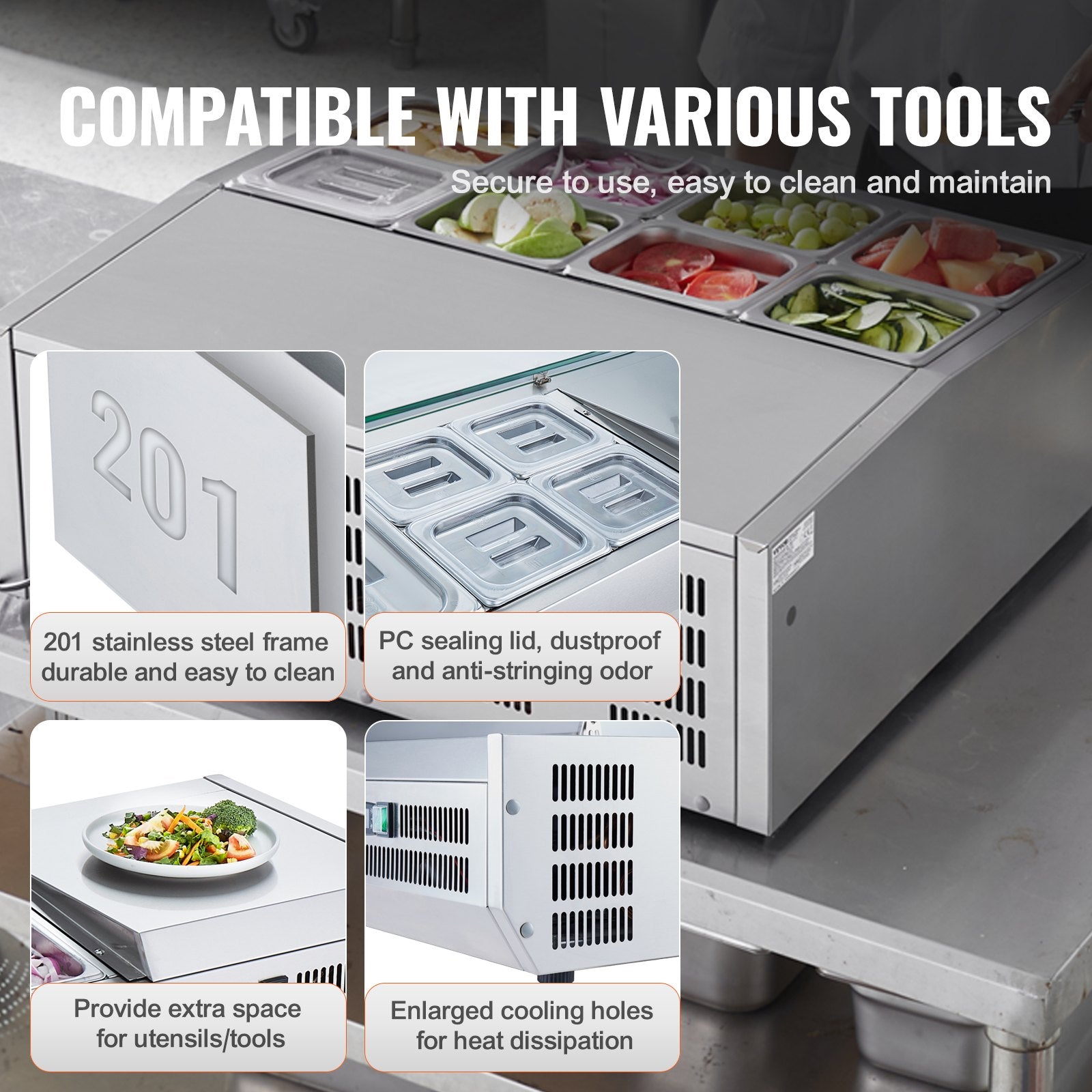 Šaldoma ingredientų vitrina VEVOR D27TW-G, 8 x GN 1/6 indai